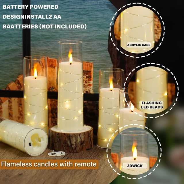Alt view image 3 of 6 - Flickering Flameless LED Candles,Battery Operated Candles 9 Pcs with Embedded Star String,Acrylic LED Pillar Candles with Remote,Suitable for Home Decoration to Create an Atmosphere (Ivory)