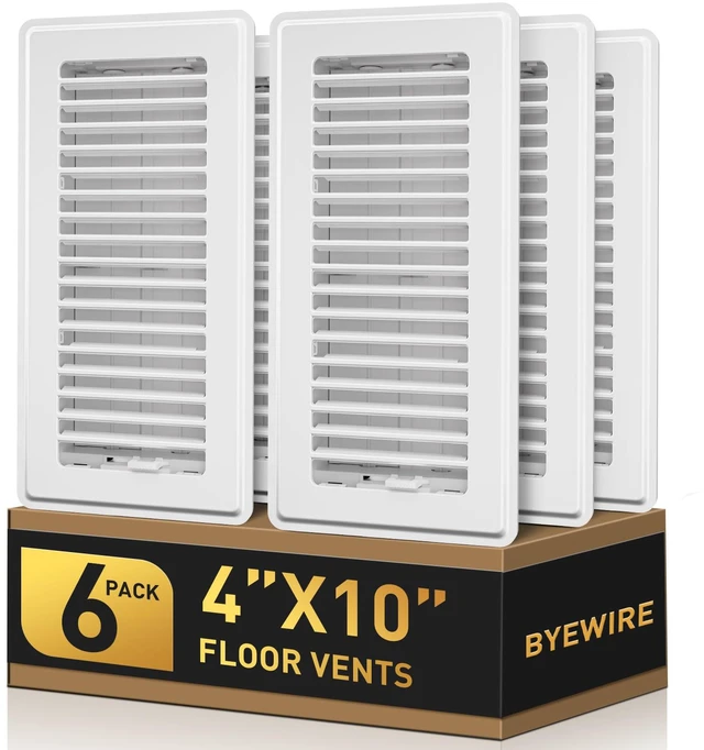 Main image of 4x10 Floor Register, 6 Pack White Vent Covers for Home Floor, Sidewall Heavy Duty Steel Walkable Floor Vents, Quiet & Adjustable Air Vent Covers, Rust Proof Finish 4" x 10'' Floor Grates