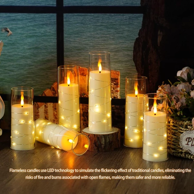 Alt view image 5 of 6 - Flickering Flameless LED Candles,Battery Operated Candles 9 Pcs with Embedded Star String,Acrylic LED Pillar Candles with Remote,Suitable for Home Decoration to Create an Atmosphere (Ivory)