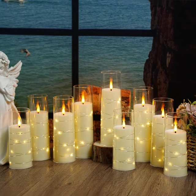 Alt view image 6 of 6 - Flickering Flameless LED Candles,Battery Operated Candles 9 Pcs with Embedded Star String,Acrylic LED Pillar Candles with Remote,Suitable for Home Decoration to Create an Atmosphere (Ivory)