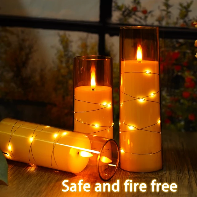 Alt view image 3 of 6 - Flickering Flameless LED Candles,Battery Operated Candles 9 Pcs with Embedded Star String,Acrylic LED Pillar Candles with Remote,Suitable for Home Decoration to Create an AtmosphereGold