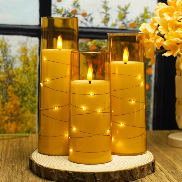 Alt view image 4 of 6 - Flickering Flameless LED Candles,Battery Operated Candles 9 Pcs with Embedded Star String,Acrylic LED Pillar Candles with Remote,Suitable for Home Decoration to Create an AtmosphereGold