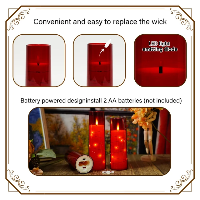 Alt view image 2 of 6 - Flickering Flameless LED Candles,Battery Operated Candles 9 Pcs with Embedded Star String,Acrylic LED Pillar Candles with Remote,Suitable for Home Decoration to Create an AtmosphereRed