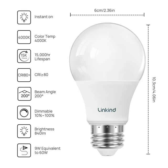 Alt view image 2 of 7 - A19 LED Light Bulbs, 60W Equivalent Dimmable Light Bulbs, 4000K Cool White, 9W 840 Lumens LED Bulbs, E26 Standard Base 120V, Lighting for Bedroom Living Room Home Office, 6 Packs