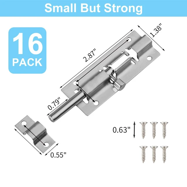 Alt view image 4 of 7 - 16 Pack Barrel Bolt Latch, 3 Inch Stainless Steel Slide Latch Lock Brushed Finish, Sliding Bolt Lock Latches, Thickened Stainless Steel, Sliding Locks for Door, 96PCS Screws, Easy Installation