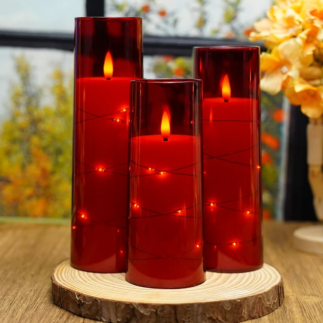 Alt view image 4 of 6 - Flickering Flameless LED Candles,Battery Operated Candles 9 Pcs with Embedded Star String,Acrylic LED Pillar Candles with Remote,Suitable for Home Decoration to Create an AtmosphereRed