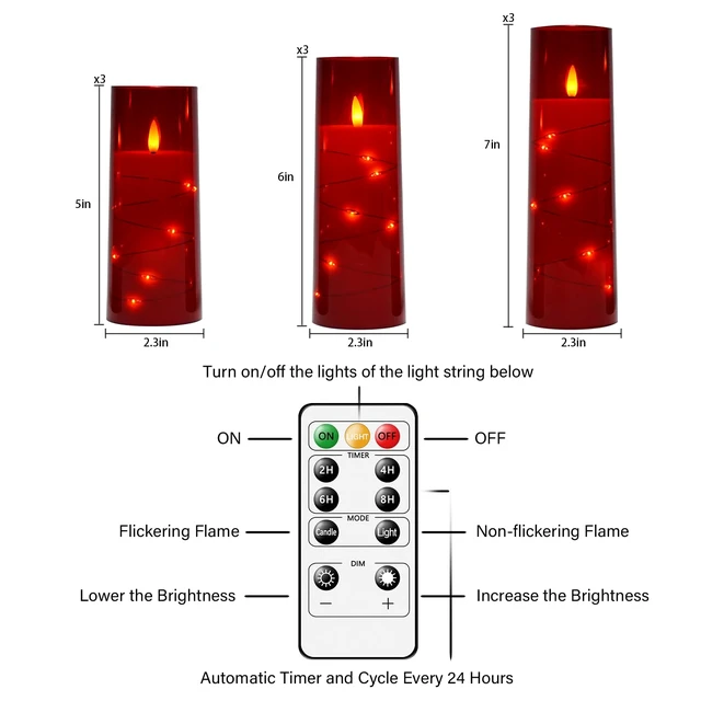 Alt view image 5 of 6 - Flickering Flameless LED Candles,Battery Operated Candles 9 Pcs with Embedded Star String,Acrylic LED Pillar Candles with Remote,Suitable for Home Decoration to Create an AtmosphereRed