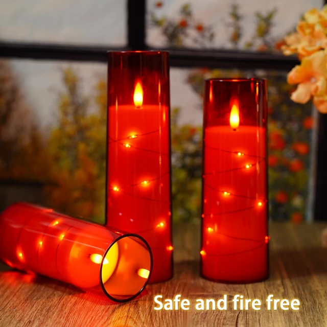 Alt view image 3 of 6 - Flickering Flameless LED Candles,Battery Operated Candles 9 Pcs with Embedded Star String,Acrylic LED Pillar Candles with Remote,Suitable for Home Decoration to Create an AtmosphereRed