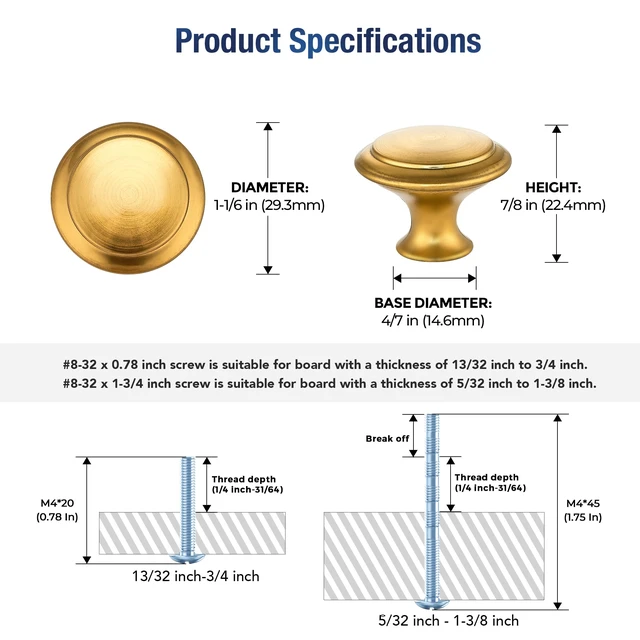 Alt view image 3 of 7 - Gold Cabinet Drawer Hardware,30mm Kitchen Cabinet Knobs,30 Pack Drawer Pulls, Stainless Steel, Round Shape, Smooth Touch, with Installation Screws, for Dressers Kitchens Cupboard
