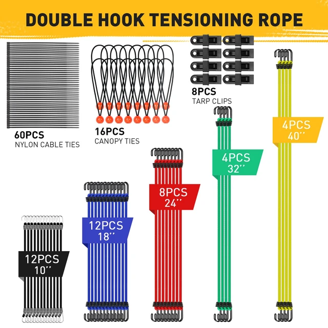 Alt view image 2 of 7 - 66-Piece Premium Bungee Cords Assortment Jar, Includes 10", 18", 24", 32", 40" Bungee Cord with Hooks, 6" Nylon Cable Ties, 8" Canopy Tarp Ball Ties and Tarp Clips