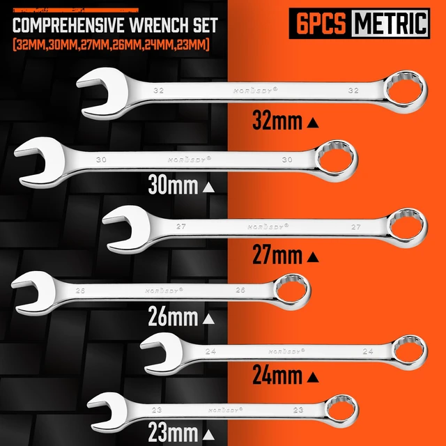 Alt view image 2 of 7 - Large Wrench Set with Rolling Pouch | Metric | 6-Piece | 23mm, 24mm, 26mm, 27mm, 30mm, 32mm | 12 Point | Chrome Vanadium Steel