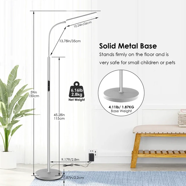 Alt view image 2 of 7 - LED Floor Lamp, Stepless Adjustable 3000K-6000K Colors, Silver Bright 15W Floor Lamps for Living Room with 1H Timer, Reading Standing Lamp with Remote & Touch Control, Home Office