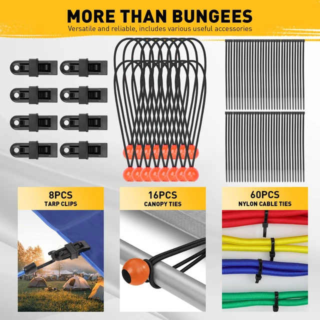 Alt view image 5 of 7 - 66-Piece Premium Bungee Cords Assortment Jar, Includes 10", 18", 24", 32", 40" Bungee Cord with Hooks, 6" Nylon Cable Ties, 8" Canopy Tarp Ball Ties and Tarp Clips