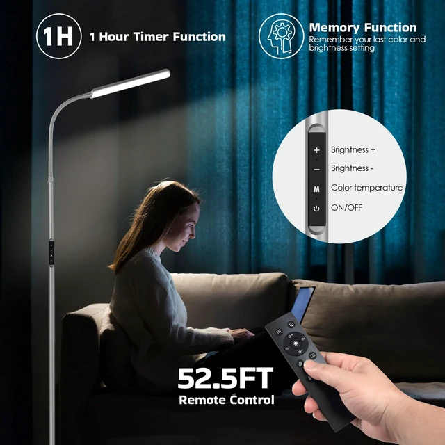 Alt view image 4 of 7 - LED Floor Lamp, Stepless Adjustable 3000K-6000K Colors, Silver Bright 15W Floor Lamps for Living Room with 1H Timer, Reading Standing Lamp with Remote & Touch Control, Home Office