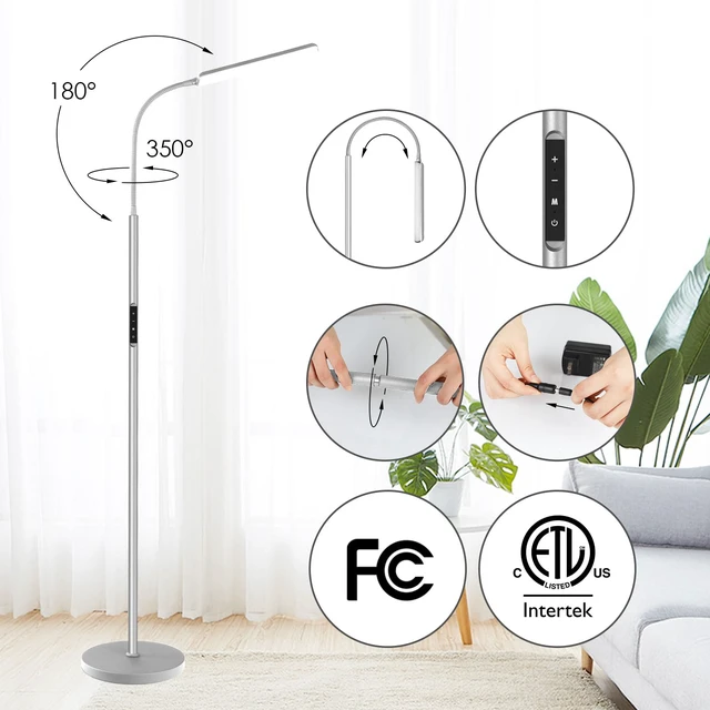 Alt view image 6 of 7 - LED Floor Lamp, Stepless Adjustable 3000K-6000K Colors, Silver Bright 15W Floor Lamps for Living Room with 1H Timer, Reading Standing Lamp with Remote & Touch Control, Home Office