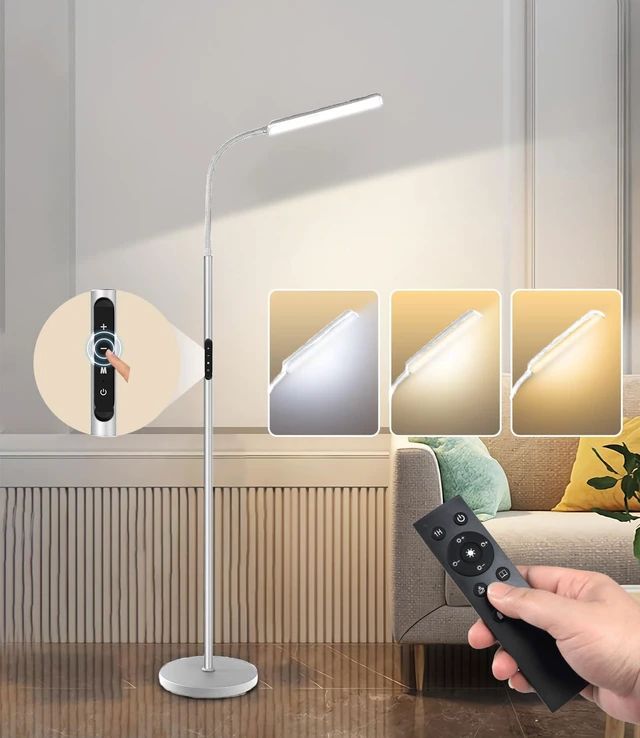 Alt view image 7 of 7 - LED Floor Lamp, Stepless Adjustable 3000K-6000K Colors, Silver Bright 15W Floor Lamps for Living Room with 1H Timer, Reading Standing Lamp with Remote & Touch Control, Home Office