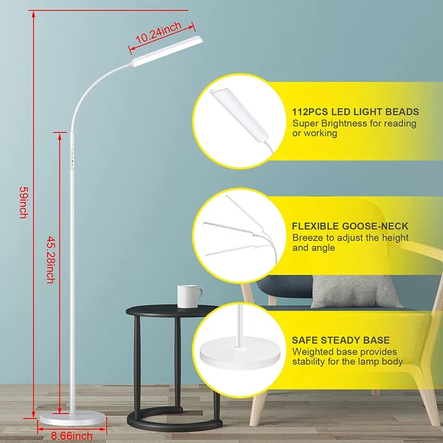 Alt view image 4 of 6 - LED Floor Lamp, Stepless Adjustable 3000K-6000K Colors, White Bright 15W Floor Lamps for Living Room with 1H Timer, Reading Standing Lamp with Remote & Touch Control, Home Office