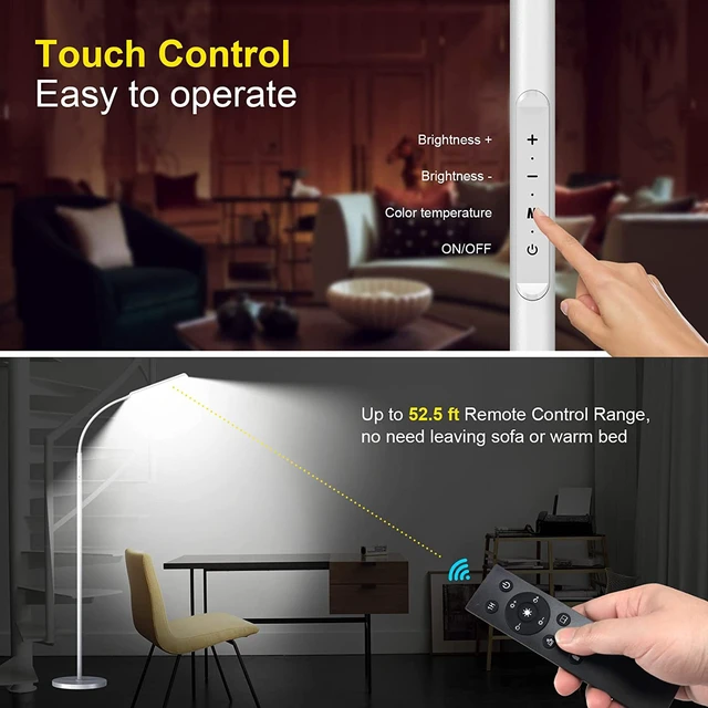 Alt view image 5 of 6 - LED Floor Lamp, Stepless Adjustable 3000K-6000K Colors, White Bright 15W Floor Lamps for Living Room with 1H Timer, Reading Standing Lamp with Remote & Touch Control, Home Office