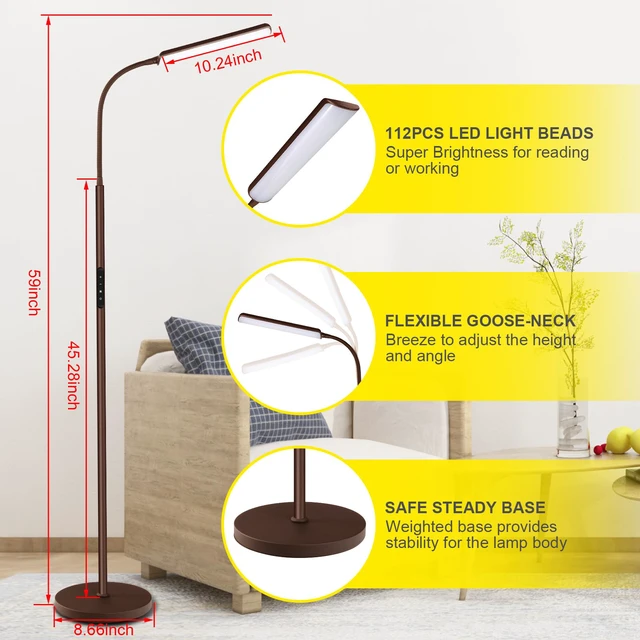 Alt view image 4 of 7 - LED Floor Lamp, Stepless Adjustable 3000K-6000K Colors, Brown Bright 15W Floor Lamps for Living Room with 1H Timer, Reading Standing Lamp with Remote & Touch Control, Home Office