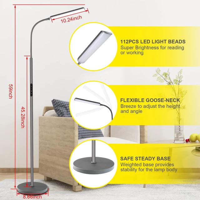 Alt view image 4 of 7 - LED Floor Lamp, Stepless Adjustable 3000K-6000K Colors, Grey Bright 15W Floor Lamps for Living Room with 1H Timer, Reading Standing Lamp with Remote & Touch Control, Home Office