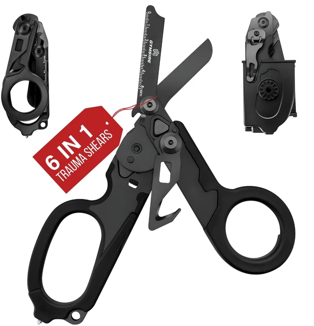 Main image of Heavy Duty 6 in 1 Multifunctional Trauma Shears Foldable | Stainless Steel Emergency Response Scissors | Survival Shears With Holster | Medical Trauma Shears Tactical With Strap Cutter | Matte Black