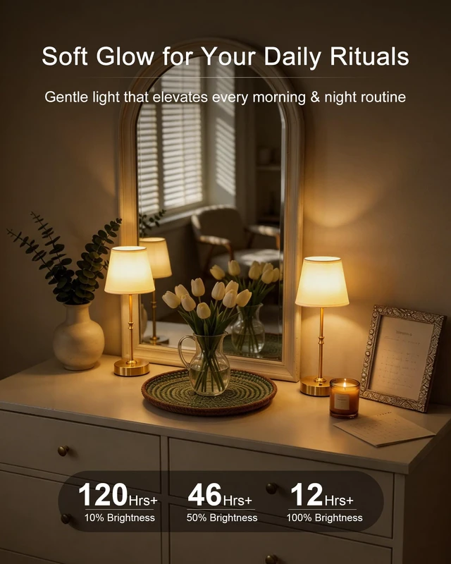 Alt view image 2 of 7 - Cordless Table Lamp Rechargeable: Fast Charging & Long Lasting - 2700K Warm Light Vintage Gold Lamps for Women Housewife - Dinning Living Room Bedroom - 2 Pack