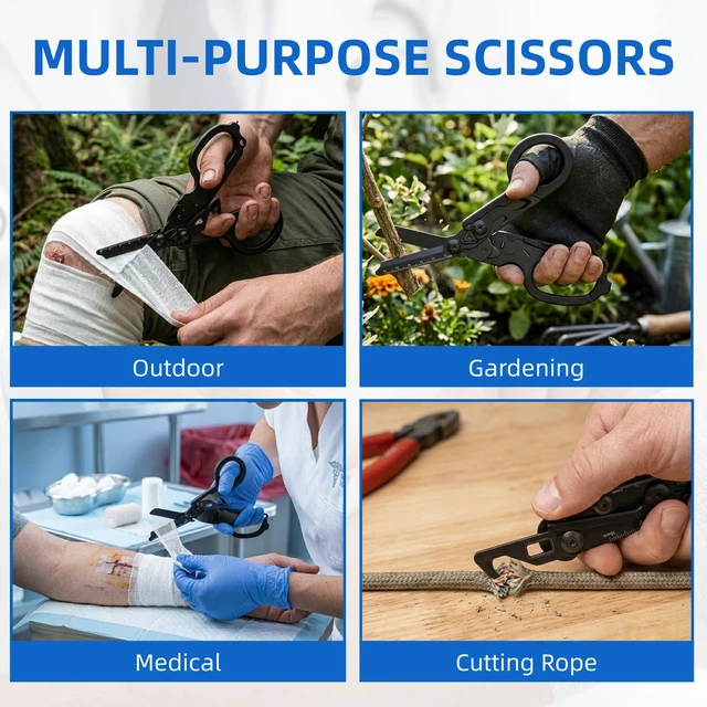Alt view image 4 of 7 - Heavy Duty 6 in 1 Multifunctional Trauma Shears Foldable | Stainless Steel Emergency Response Scissors | Survival Shears With Holster | Medical Trauma Shears Tactical With Strap Cutter | Matte Black