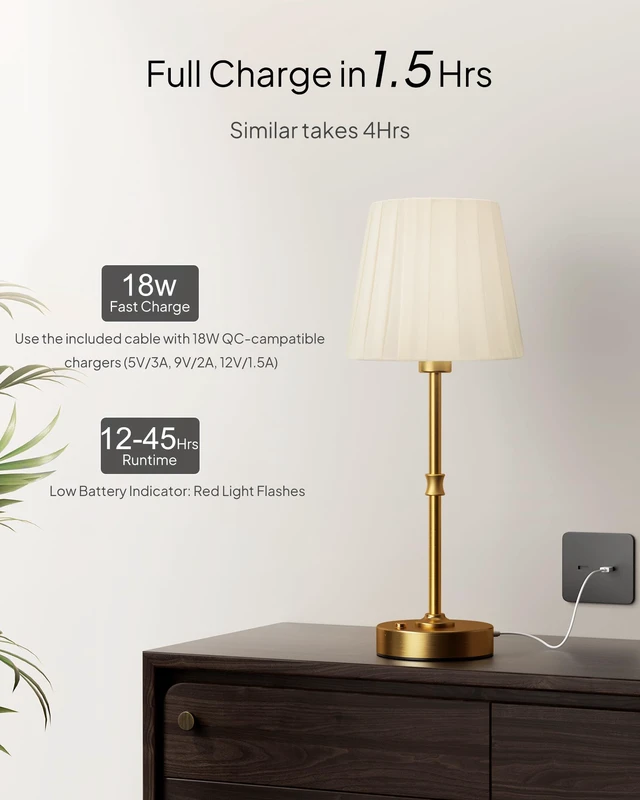 Alt view image 3 of 7 - Cordless Table Lamp Rechargeable: Fast Charging & Long Lasting - 2700K Warm Light Vintage Gold Lamps - Dinning Living Room Bedroom - Pleated Shade - 2 Pack