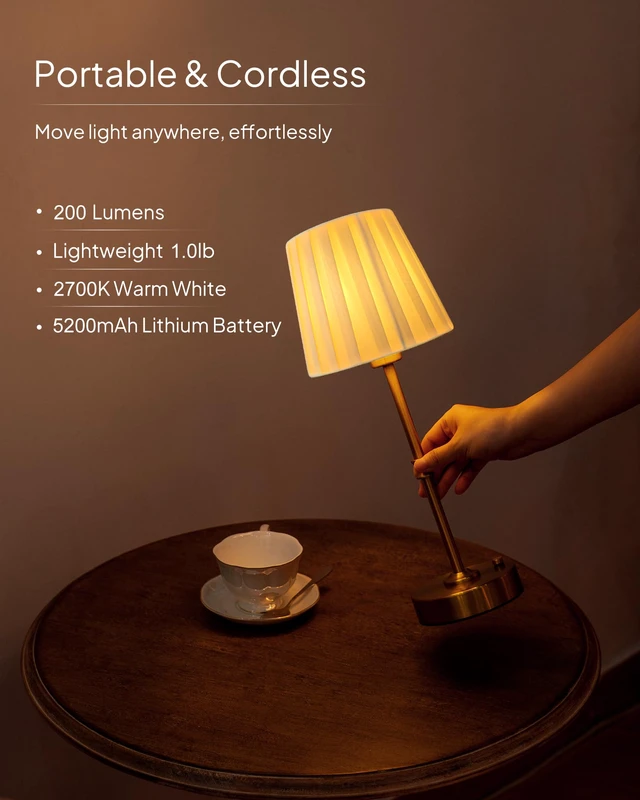 Alt view image 4 of 7 - Cordless Table Lamp Rechargeable: Fast Charging & Long Lasting - 2700K Warm Light Vintage Gold Lamps - Dinning Living Room Bedroom - Pleated Shade - 2 Pack
