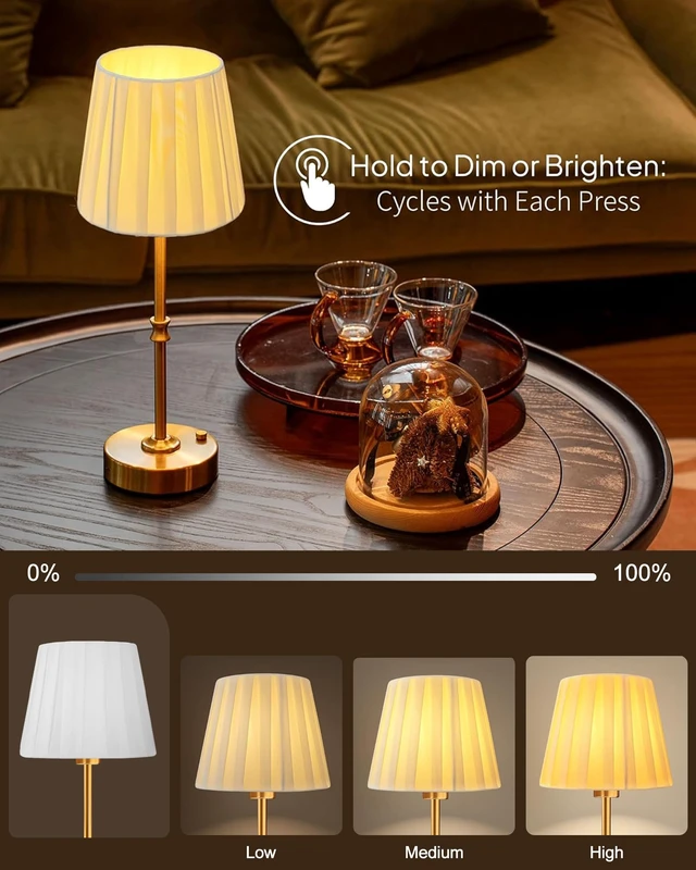 Alt view image 5 of 7 - Cordless Table Lamp Rechargeable: Fast Charging & Long Lasting - 2700K Warm Light Vintage Gold Lamps - Dinning Living Room Bedroom - Pleated Shade - 2 Pack
