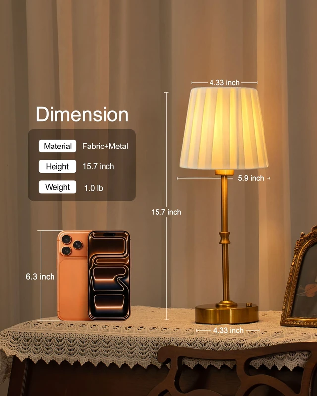 Alt view image 7 of 7 - Cordless Table Lamp Rechargeable: Fast Charging & Long Lasting - 2700K Warm Light Vintage Gold Lamps - Dinning Living Room Bedroom - Pleated Shade - 2 Pack