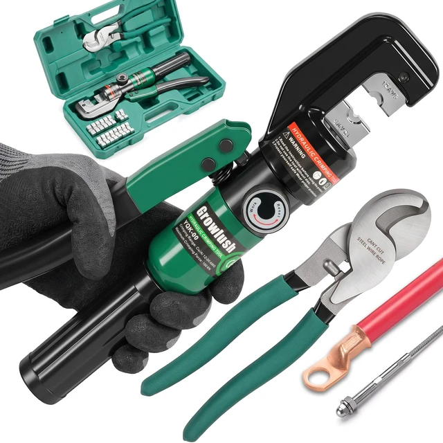 Main image of Hydraulic Crimping Tool, Battery Cable Crimper 12AWG2/0AWG, US Standard AWG Dies, 10-Ton Hydraulic Crimper for US AWG Size 12-2/0 Gauge Stranded (YQK-00+cut)