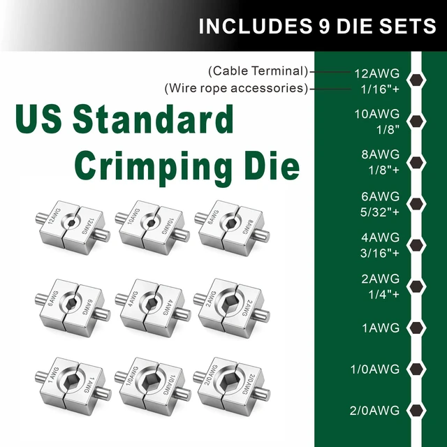 Alt view image 2 of 7 - Hydraulic Crimping Tool, 2/0 Battery Cable Crimper, 10T Hydraulic Crimper for US AWG Size 12-2/0 Gauge Stranded (9 Sets of US Standard Crimping Dies: 12, 10, 8, 6, 4, 2, 1, 0, and 00AWG)