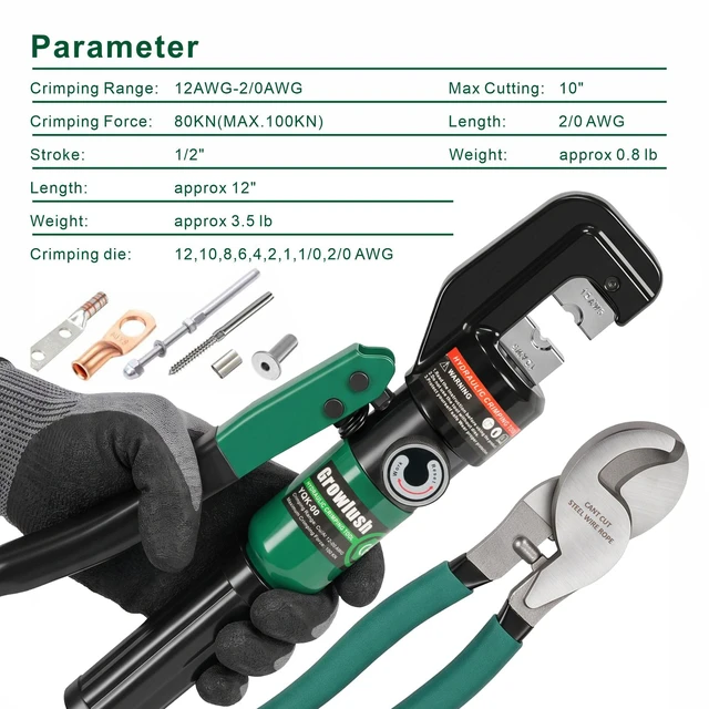 Alt view image 3 of 6 - Hydraulic Crimping Tool, Battery Cable Crimper 12AWG2/0AWG, US Standard AWG Dies, 10-Ton Hydraulic Crimper for US AWG Size 12-2/0 Gauge Stranded (YQK-00+cut)