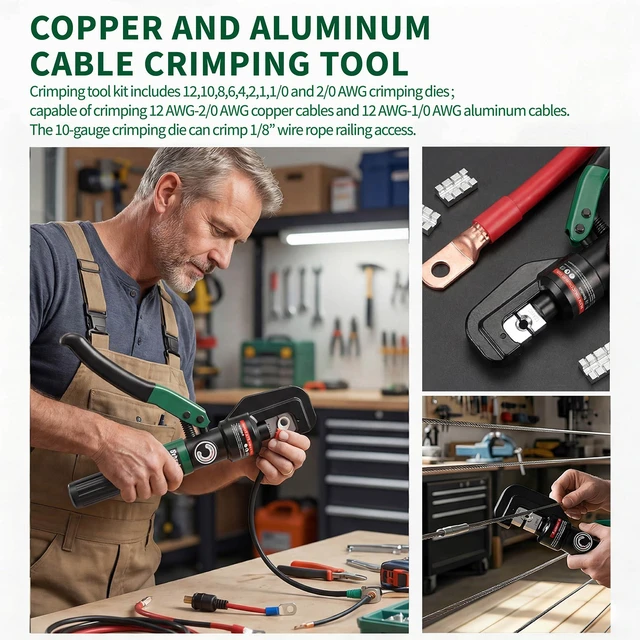 Alt view image 6 of 6 - Hydraulic Crimping Tool, Battery Cable Crimper 12AWG2/0AWG, US Standard AWG Dies, 10-Ton Hydraulic Crimper for US AWG Size 12-2/0 Gauge Stranded (YQK-00+cut)