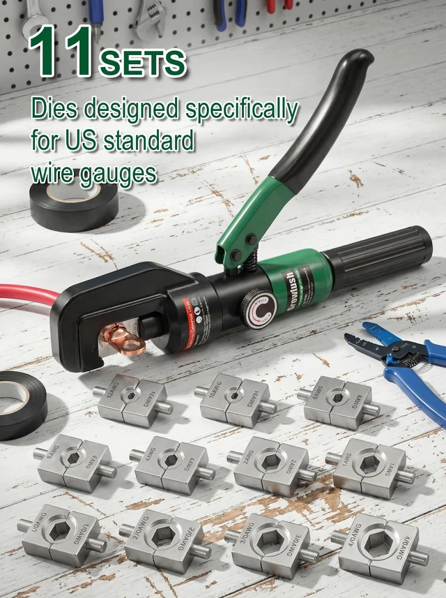 Alt view image 2 of 7 - Hydraulic Cable Crimping Tool, Battery Cable Terminal Crimper 12 AWG4/0 AWG, US Standard AWG Dies, 10-Ton Hydraulic Copper Cable Lugs Crimper for US Standard Cable 12 ga-4/0 ga