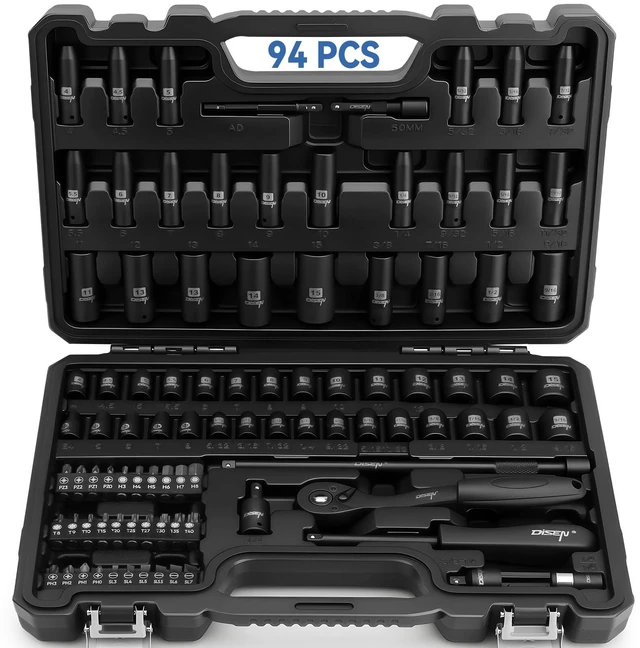 Main image of 94 PCS 1/4" Drive Impact Socket Set Shallow & Deep Socket SAE(5/32"-9/16") & Metric(4-15mm), Torx Screwdriver Bit Set, CRV, Automotive Repair