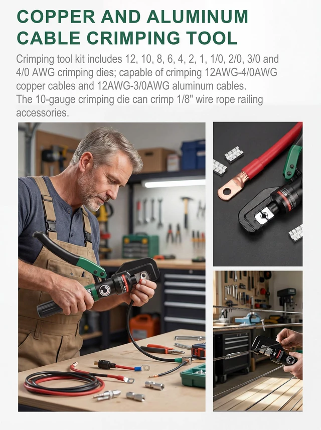 Alt view image 4 of 7 - Hydraulic Cable Crimping Tool, Battery Cable Terminal Crimper 12 AWG4/0 AWG, US Standard AWG Dies, 10-Ton Hydraulic Copper Cable Lugs Crimper for US Standard Cable 12 ga-4/0 ga
