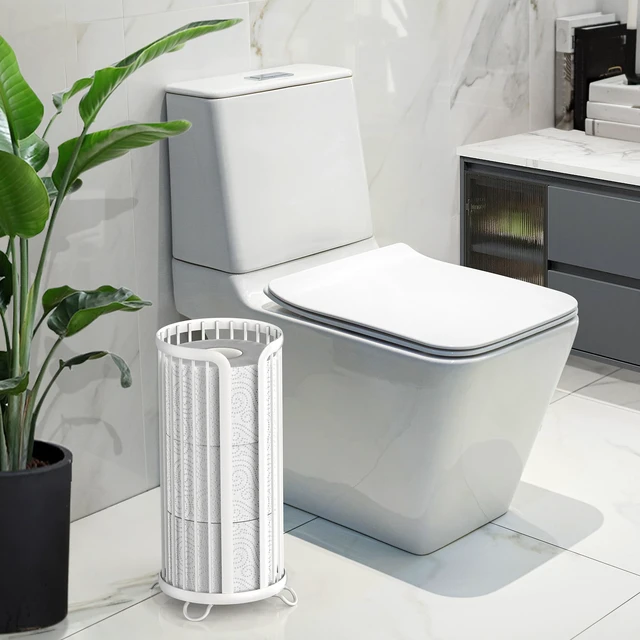 Alt view image 2 of 7 - Toilet Paper Holder Stand, Freestanding Toilet Paper Storage,White Waterproof Raised Feet,Rustproof,Fit 3 Mega Rolls,No Drilling No Assemble,Minimalistic Storage,Space-saving Renter Friendly