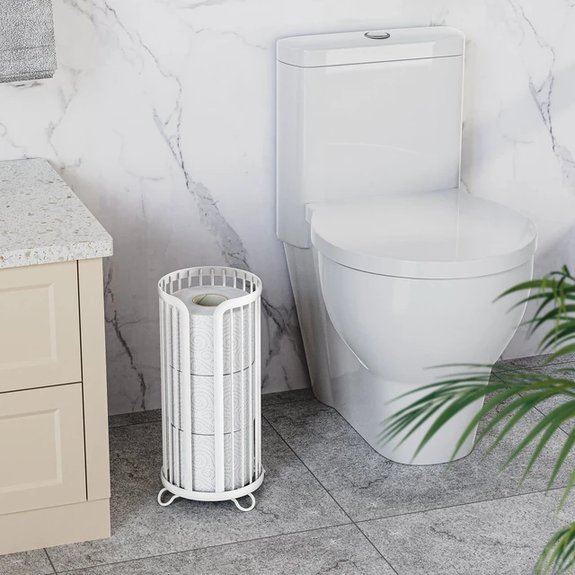 Alt view image 3 of 7 - Toilet Paper Holder Stand, Freestanding Toilet Paper Storage,White Waterproof Raised Feet,Rustproof,Fit 3 Mega Rolls,No Drilling No Assemble,Minimalistic Storage,Space-saving Renter Friendly