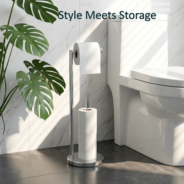 Alt view image 2 of 7 - Toilet Paper Holder Stand with Storage for 4 Rolls, Chrome Modern Freestanding SUS 304 Stainless Steel Bathroom Tissue Roll Organizer with Heavy Anti-Slip Weighted Base