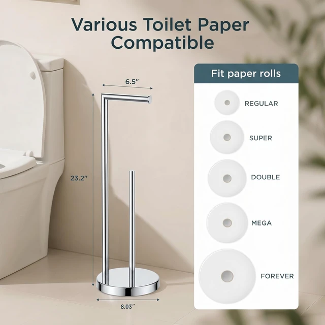 Alt view image 3 of 7 - Toilet Paper Holder Stand with Storage for 4 Rolls, Chrome Modern Freestanding SUS 304 Stainless Steel Bathroom Tissue Roll Organizer with Heavy Anti-Slip Weighted Base
