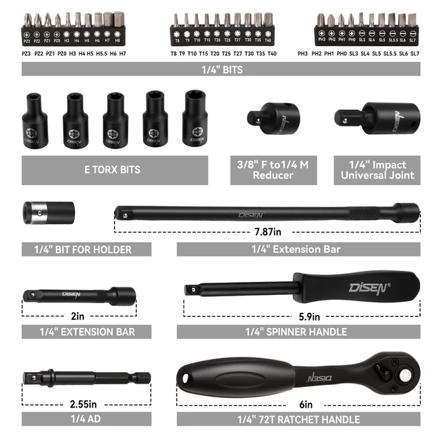 Alt view image 7 of 7 - 94 PCS 1/4" Drive Impact Socket Set Shallow & Deep Socket SAE(5/32"-9/16") & Metric(4-15mm), Torx Screwdriver Bit Set, CRV, Automotive Repair