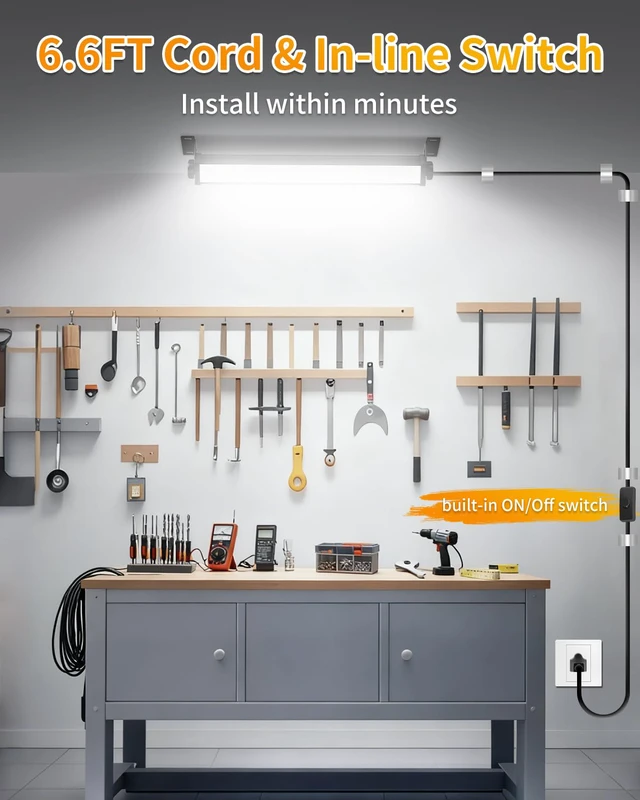 Alt view image 4 of 7 - 40W LED Shop Lights, 5400LM Plug in Garage Light, 6000K Daylight, 4 Pack 6.6FT Cord, Switch, Work Lights for Garage, Workshop, Workbench, Basement, Shed, Indoor