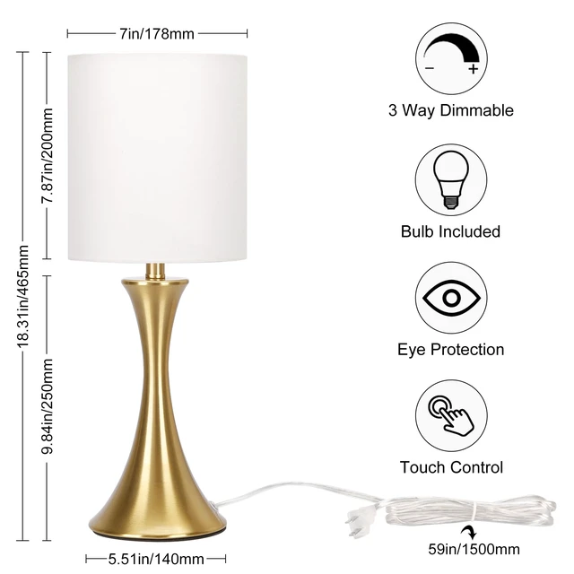 Alt view image 2 of 7 - Gold Bedside Lamp Touch Control Table Lamp for Bedroom, 3-Way Dimmable Nightstand Lamp with White Shade, Modern Table Lamp for Living Room, Minimalist Desk Lamp for Dorm, Home, Office, Bulb Included