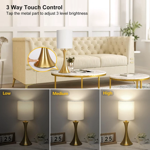 Alt view image 3 of 7 - Gold Bedside Lamp Touch Control Table Lamp for Bedroom, 3-Way Dimmable Nightstand Lamp with White Shade, Modern Table Lamp for Living Room, Minimalist Desk Lamp for Dorm, Home, Office, Bulb Included