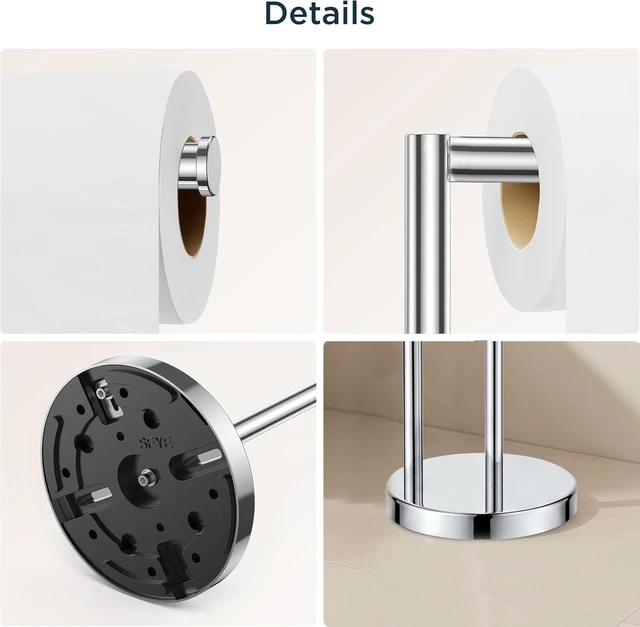 Alt view image 4 of 7 - Toilet Paper Holder Stand with Storage for 4 Rolls, Chrome Modern Freestanding SUS 304 Stainless Steel Bathroom Tissue Roll Organizer with Heavy Anti-Slip Weighted Base