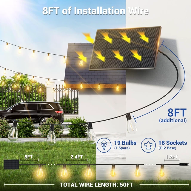 Alt view image 6 of 7 - 50FT Solar String Lights Outdoor Waterproof, 18+1 LED Solar Powered Lights with Remote Control, 3 Light Modes & Dimmable, USB-C Charging for Patio, Backyard, Garden, Camping