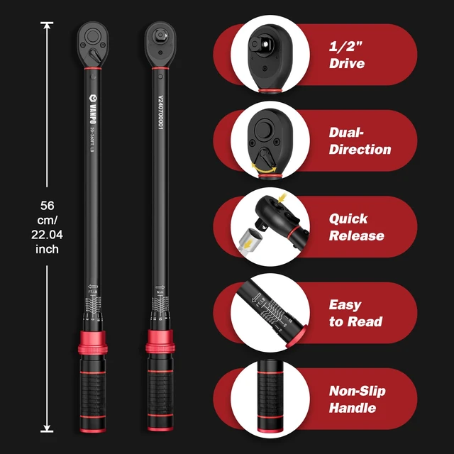 Alt view image 2 of 7 - 1/2-Inch Drive Click Torque Wrench, 20-260 Ft-Lb, for Car & Truck 27.1-352.3 Nm, 22.04", Dual Direction, 72 Tooth, Adjustment Torque Wrenches with 1/2" to 3/8" Adapter & 125mm Extension Bar