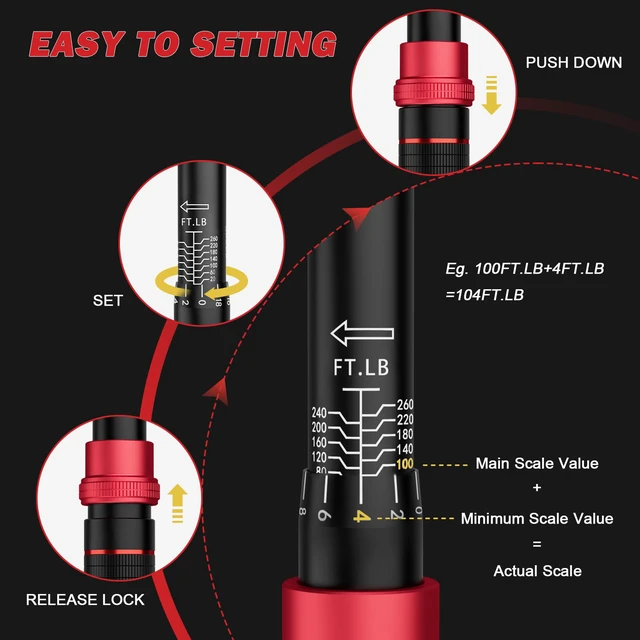 Alt view image 4 of 7 - 1/2-Inch Drive Click Torque Wrench, 20-260 Ft-Lb, for Car & Truck 27.1-352.3 Nm, 22.04", Dual Direction, 72 Tooth, Adjustment Torque Wrenches with 1/2" to 3/8" Adapter & 125mm Extension Bar